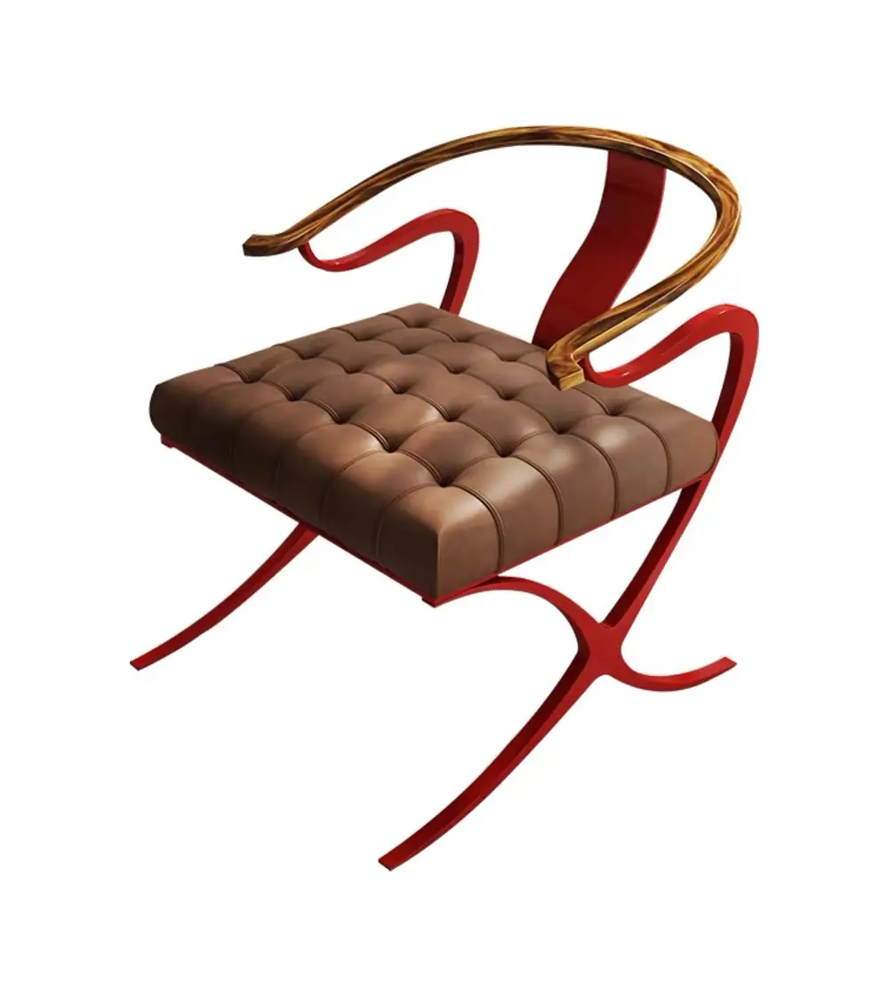 AXJ-A-212 brown tufted leather lounge chair with sculpted walnut arms on white background
