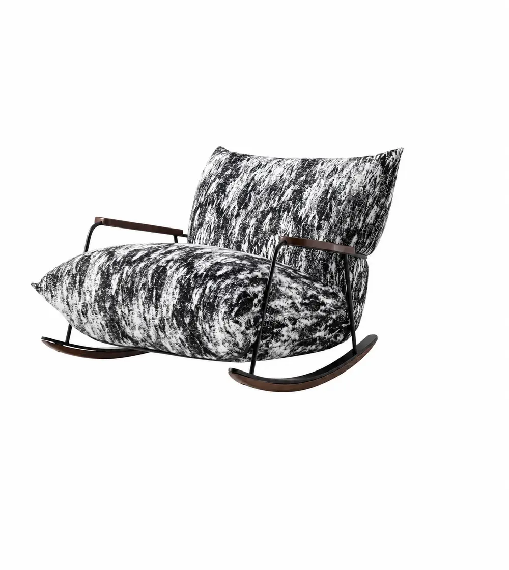 AXJ-A-218 patterned upholstered rocking lounge chair with ash-wood runners on white background