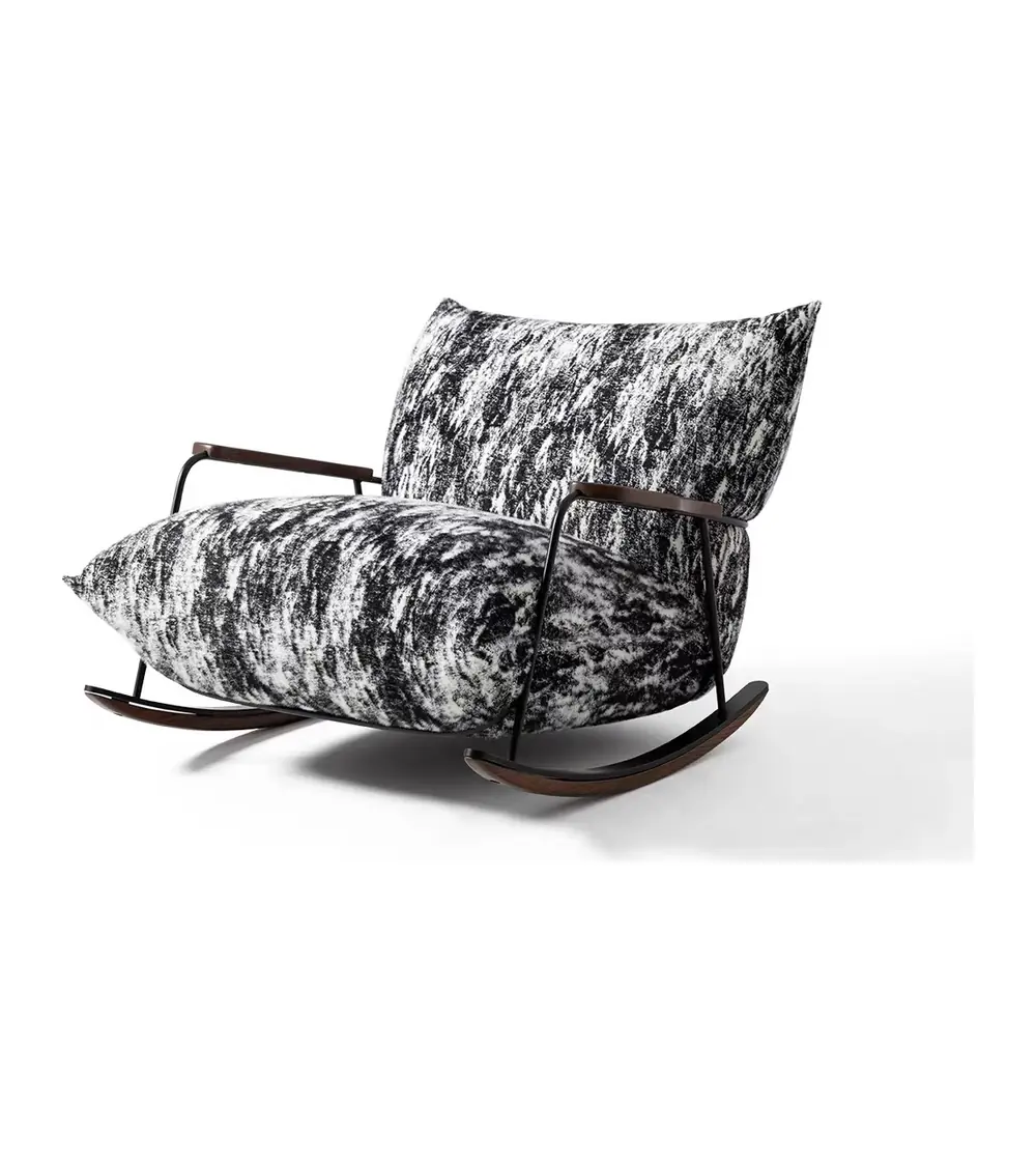 AXJ-A-218 patterned upholstered rocking lounge chair with ash-wood runners on white background