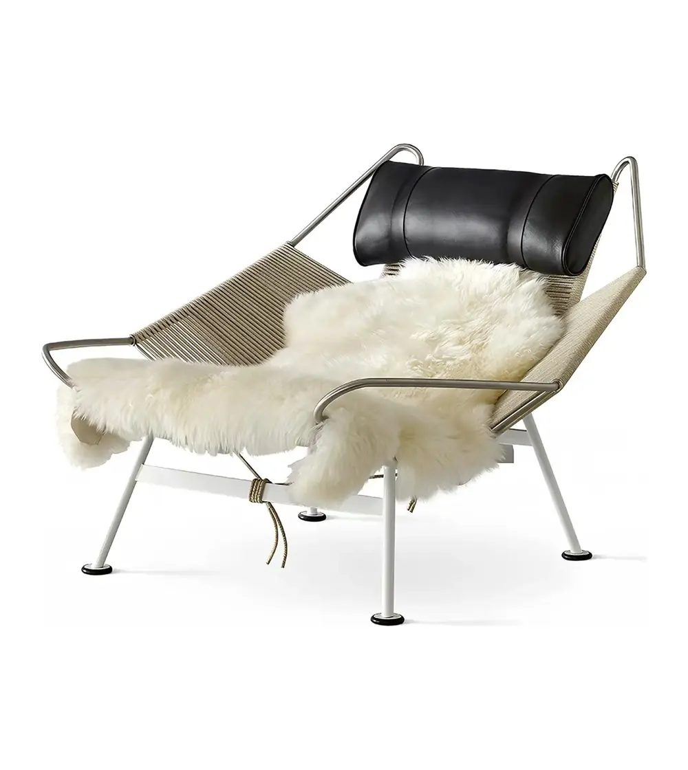 KSF-MY-686 rope lounge chair with headrest and wool throw on white background