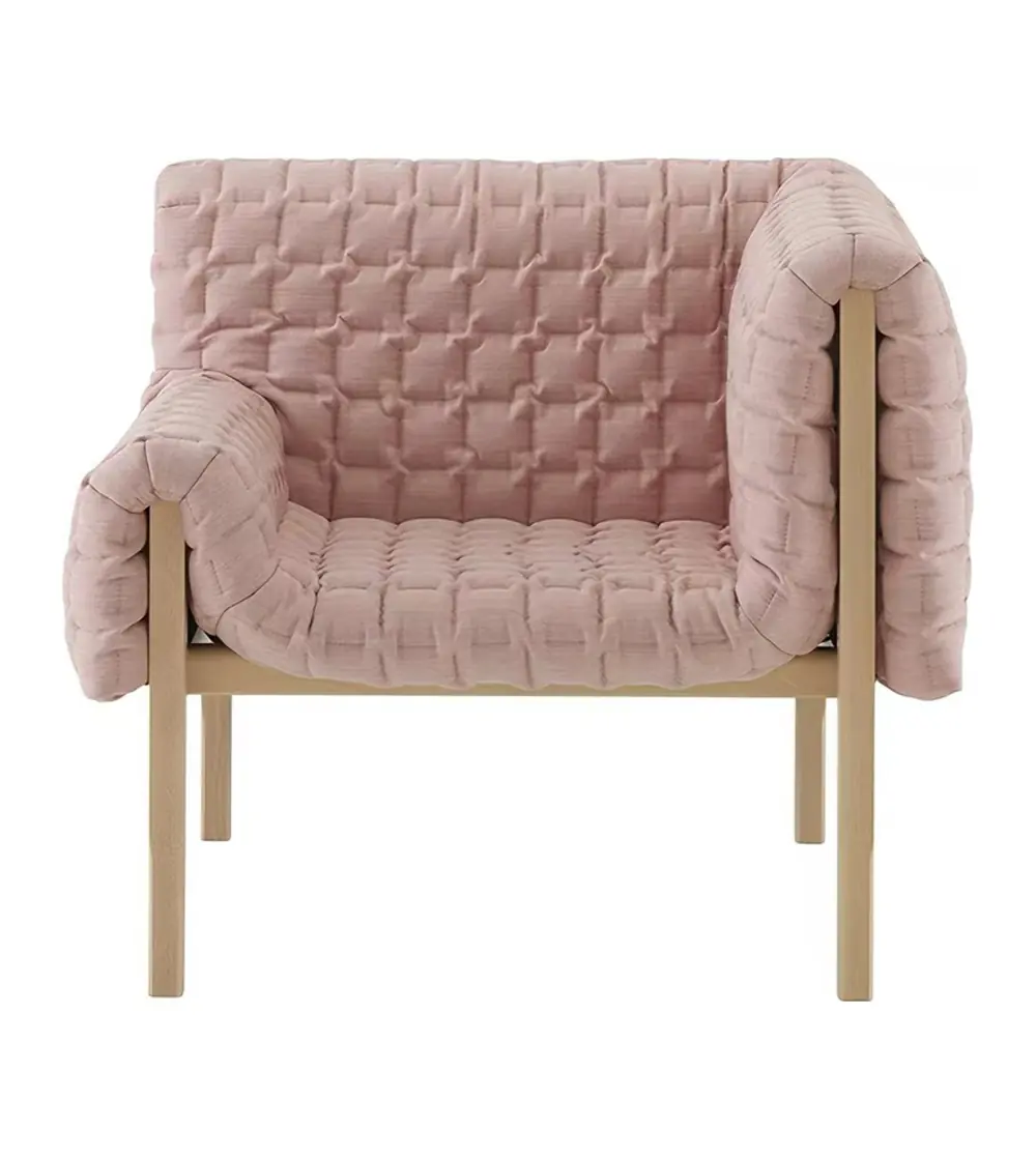 KY-B96 pink upholstered lounge chair with ash-wood legs on white background
