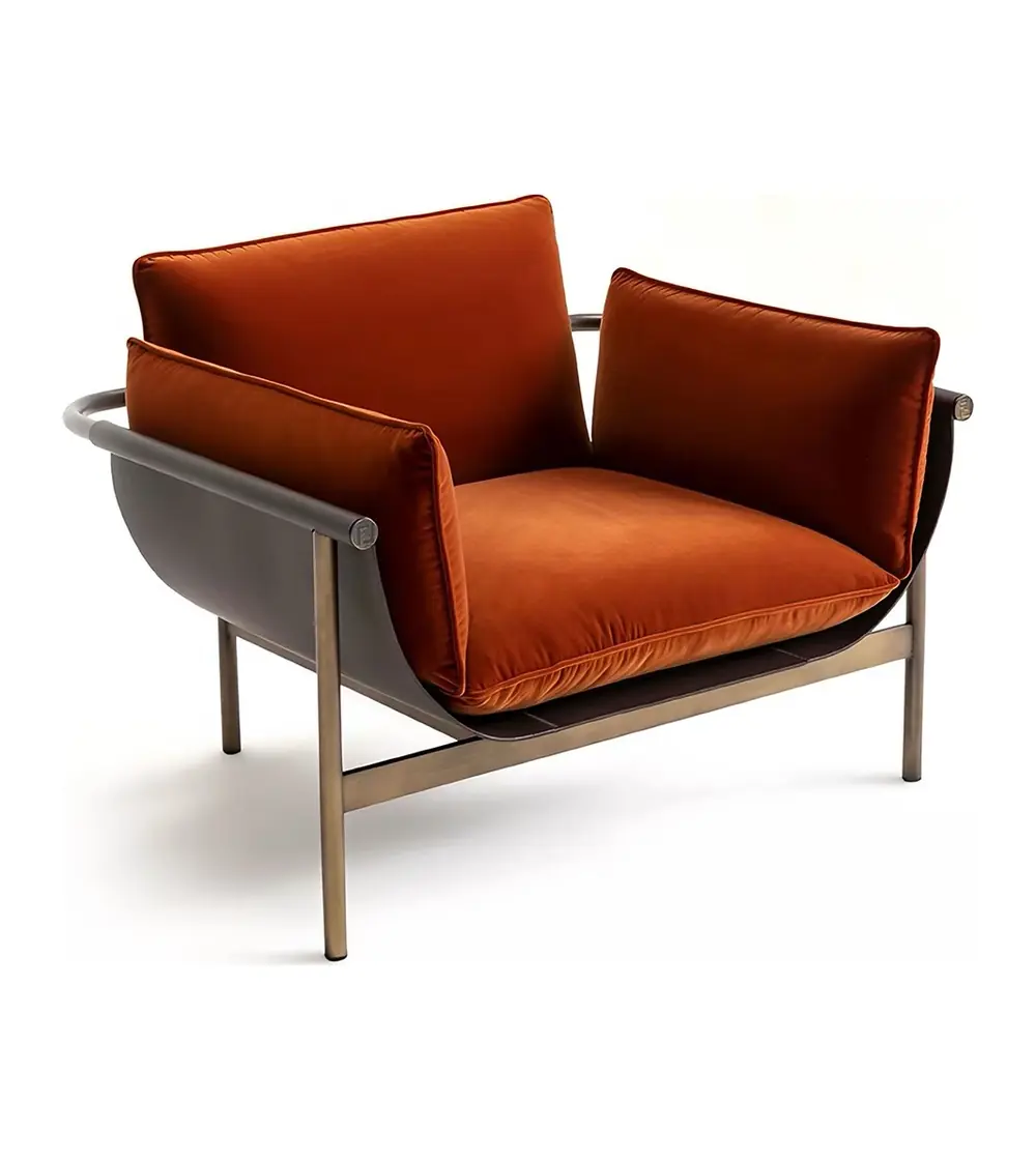 MD-98-Totu rust upholstered metal-frame lounge chair on white background