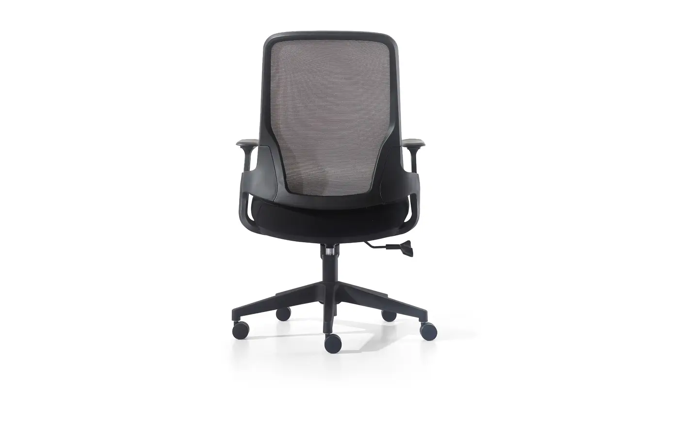 M-860B gray integrated-frame mesh task chair, rear view