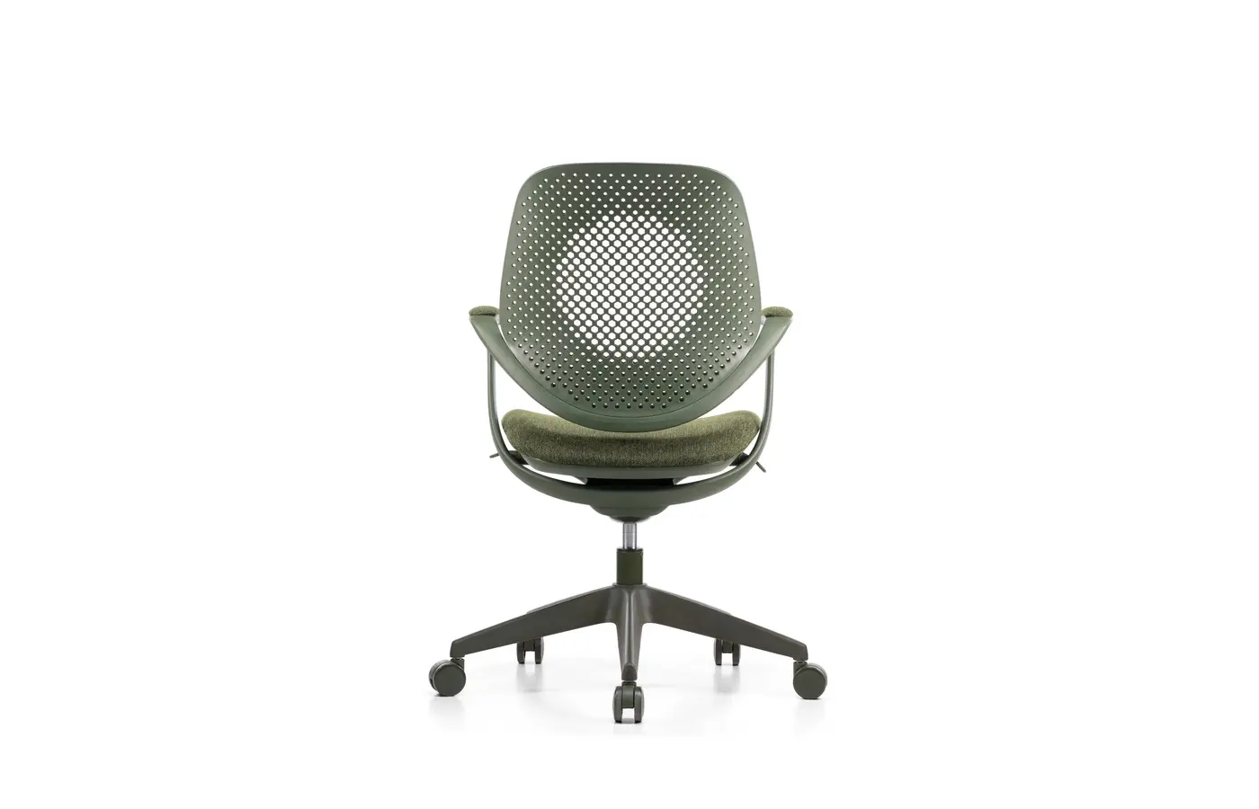 M-88 olive green integrated-frame task chair, low front view