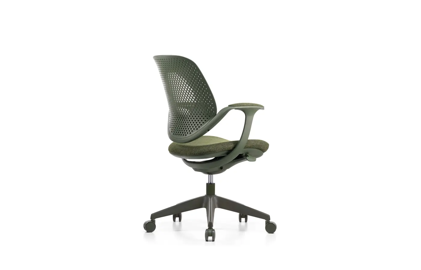 M-88 olive green integrated-frame task chair, rear three-quarter view