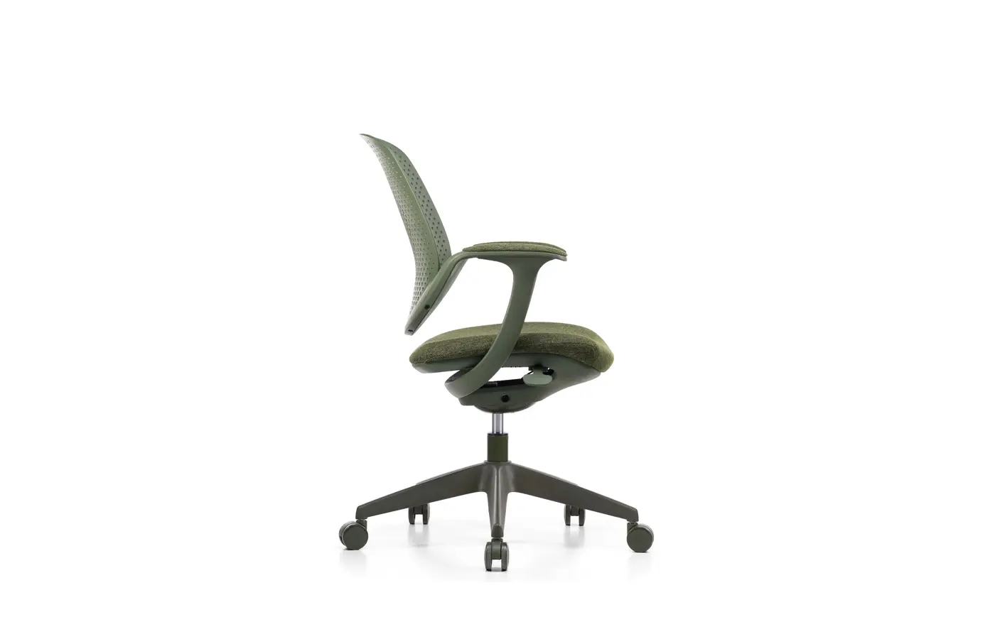 M-88 olive green integrated-frame task chair, side view