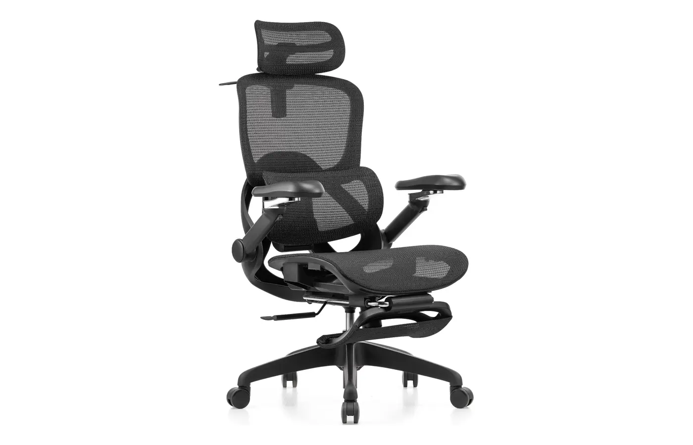 M81A black executive mesh chair with footrest, front three-quarter view