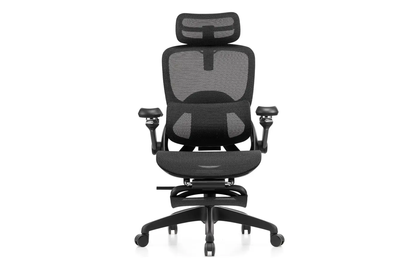 M81A black executive mesh chair with footrest, front view