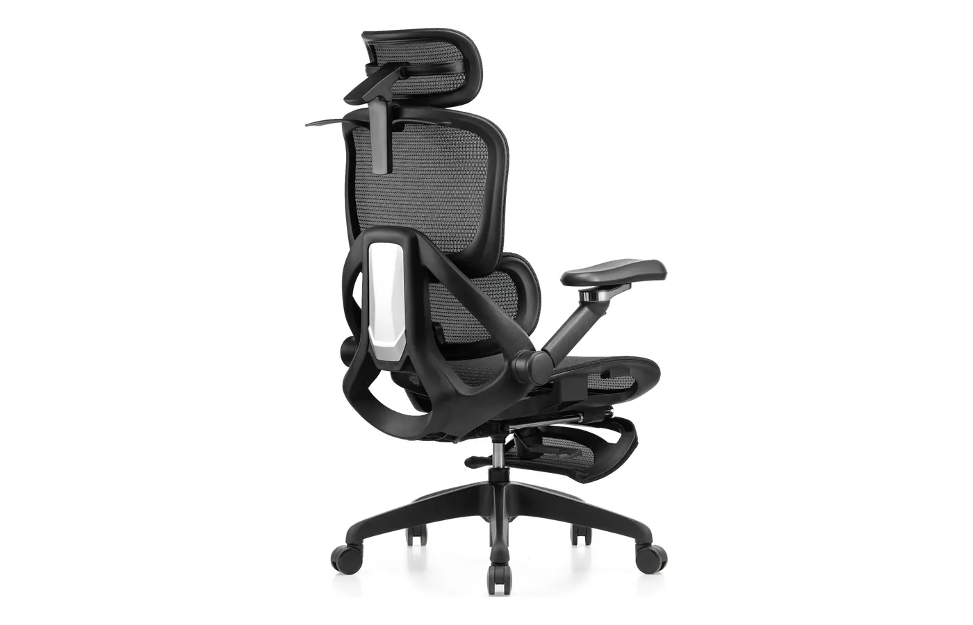M81A black executive mesh chair with footrest, rear three-quarter view