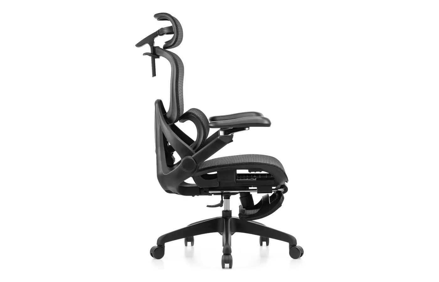 M81A black executive mesh chair with footrest, side view