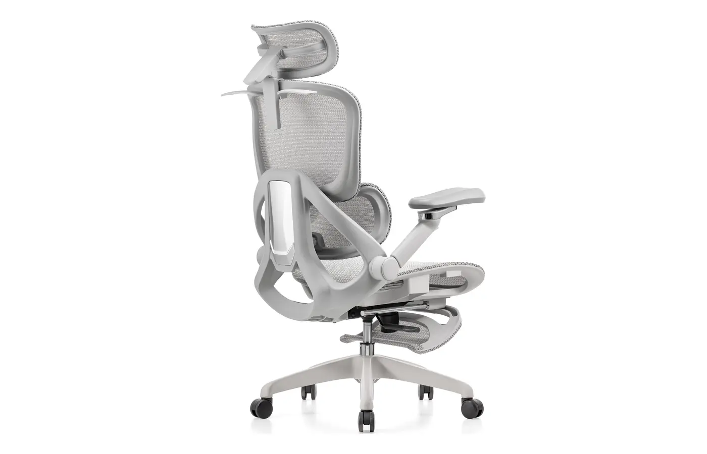 M81A white executive mesh chair with footrest, rear three-quarter view