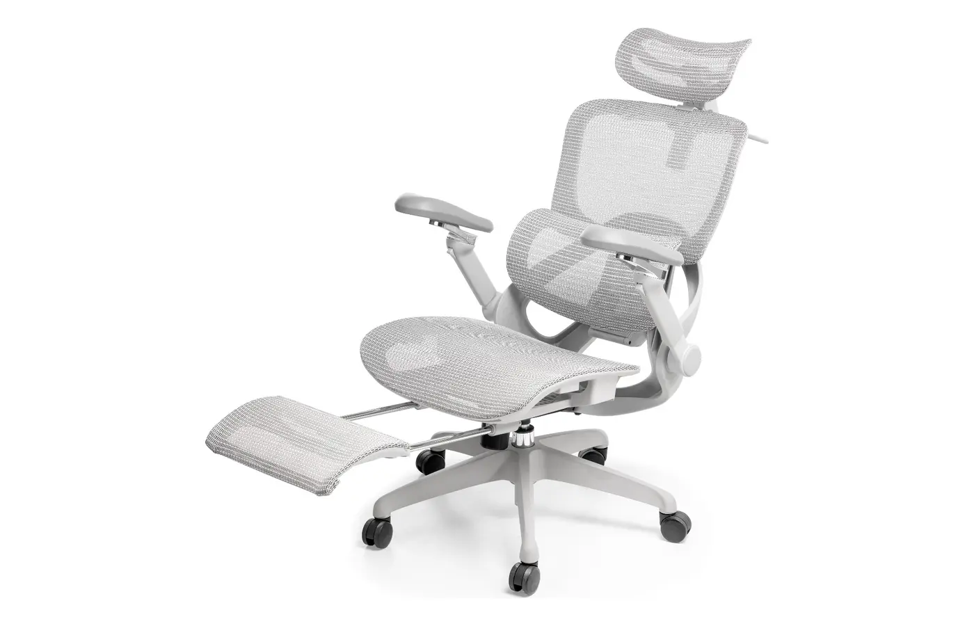 M81A white executive mesh chair reclined with extended footrest