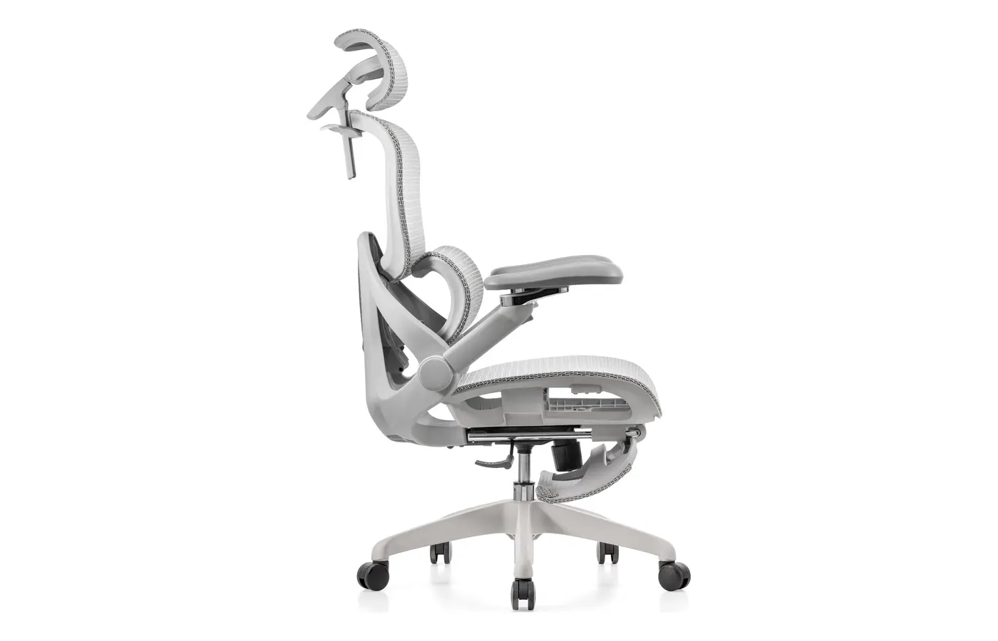 M81A white executive mesh chair with footrest, side view