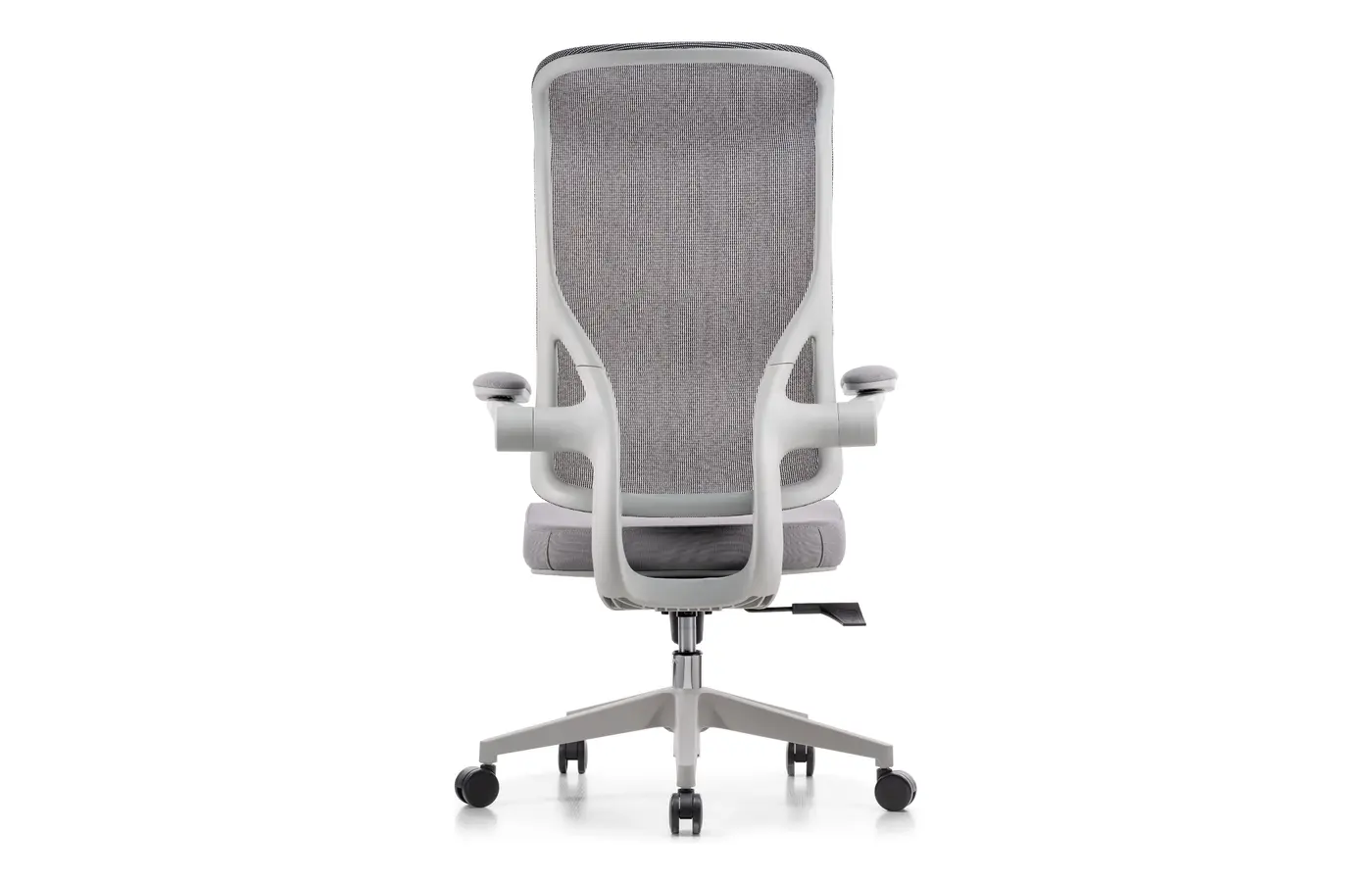 M98A gray high-back mesh task chair, rear view