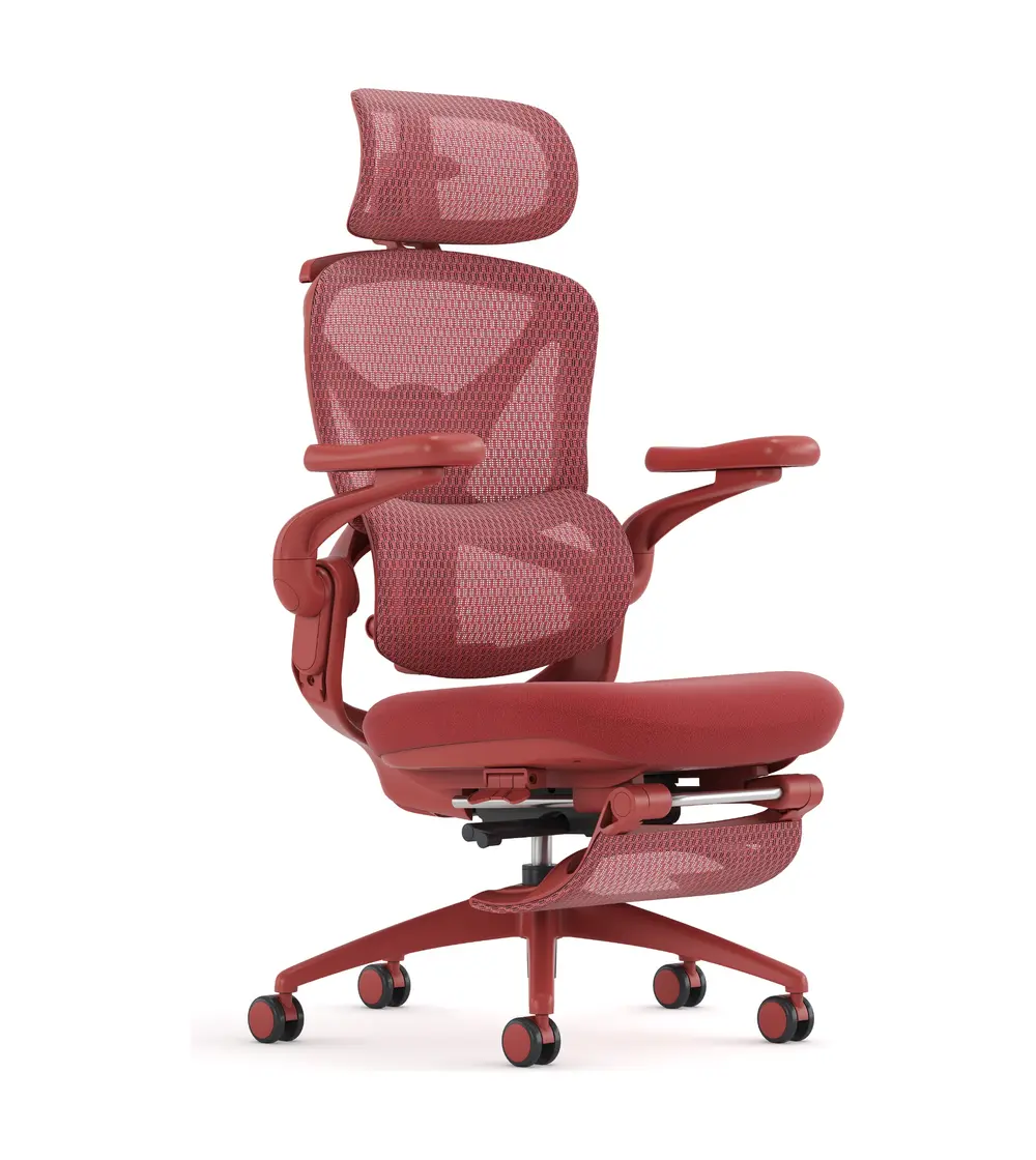 A007 red ergonomic mesh office chair with footrest