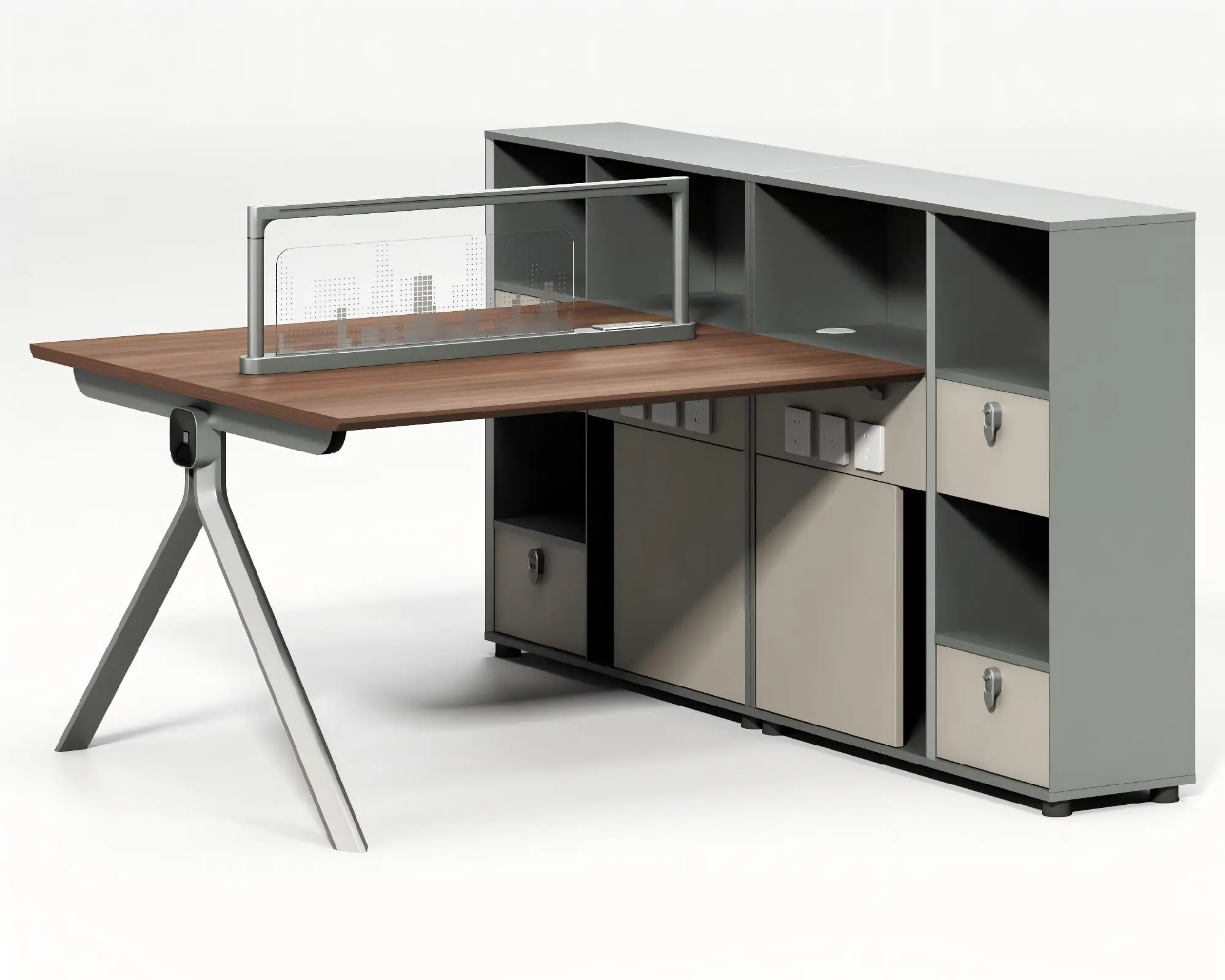 Full modular office workstation system showing desk screen storage and complete leg structure