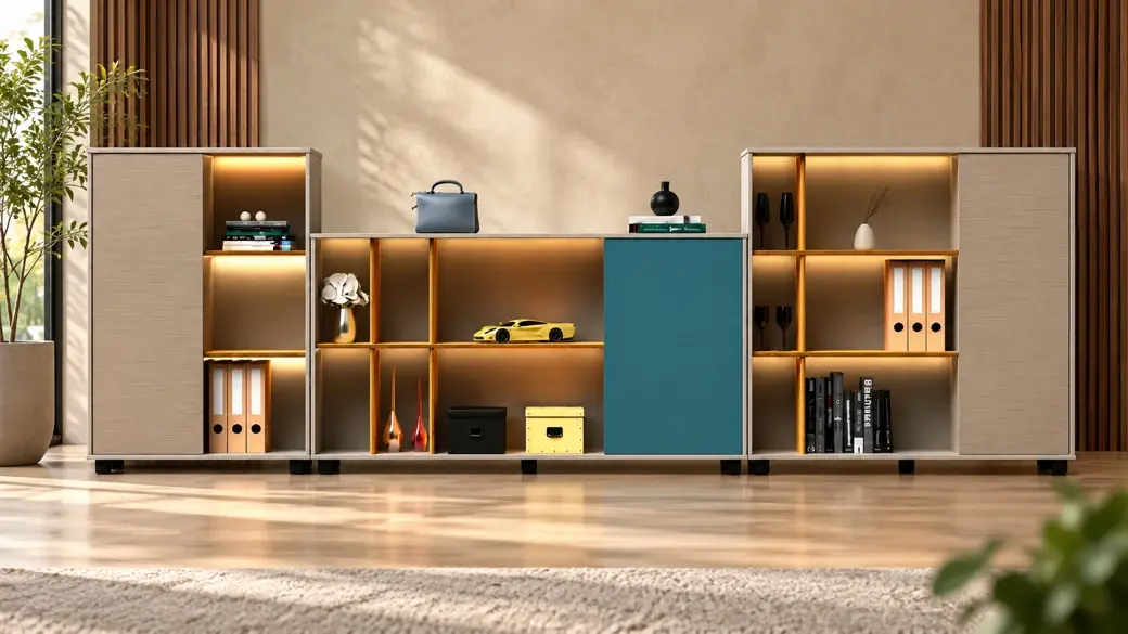 Wooden office filing cabinets in a warm contemporary office interior