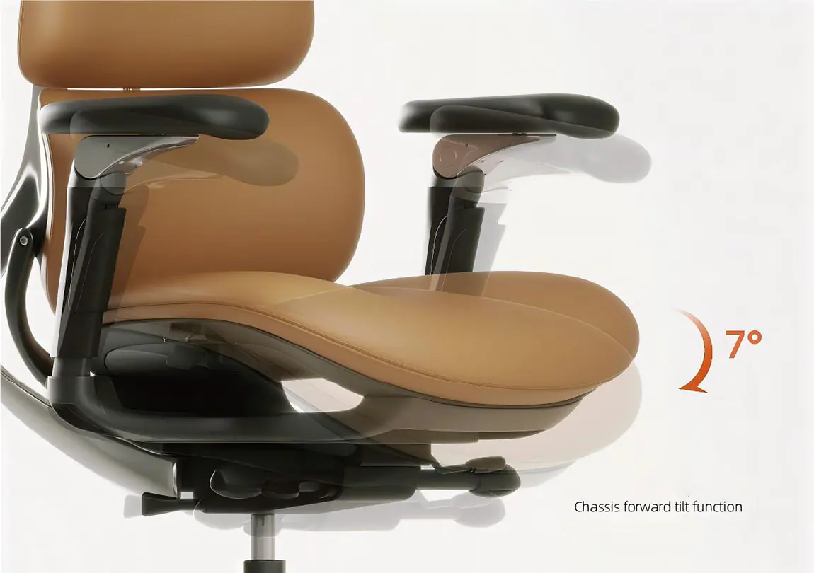 Upholstered ergonomic office chair with 7 degree forward seat tilt reference