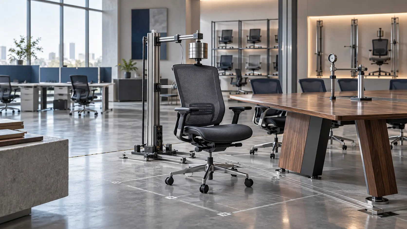 Quality inspector checking a commercial executive desk in a modern office furniture showroom