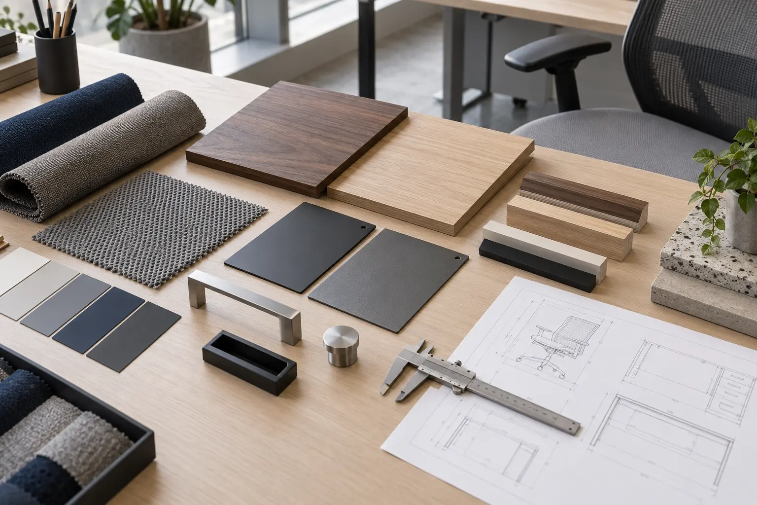 Commercial office furniture wood, metal, mesh and textile finish samples arranged for approval