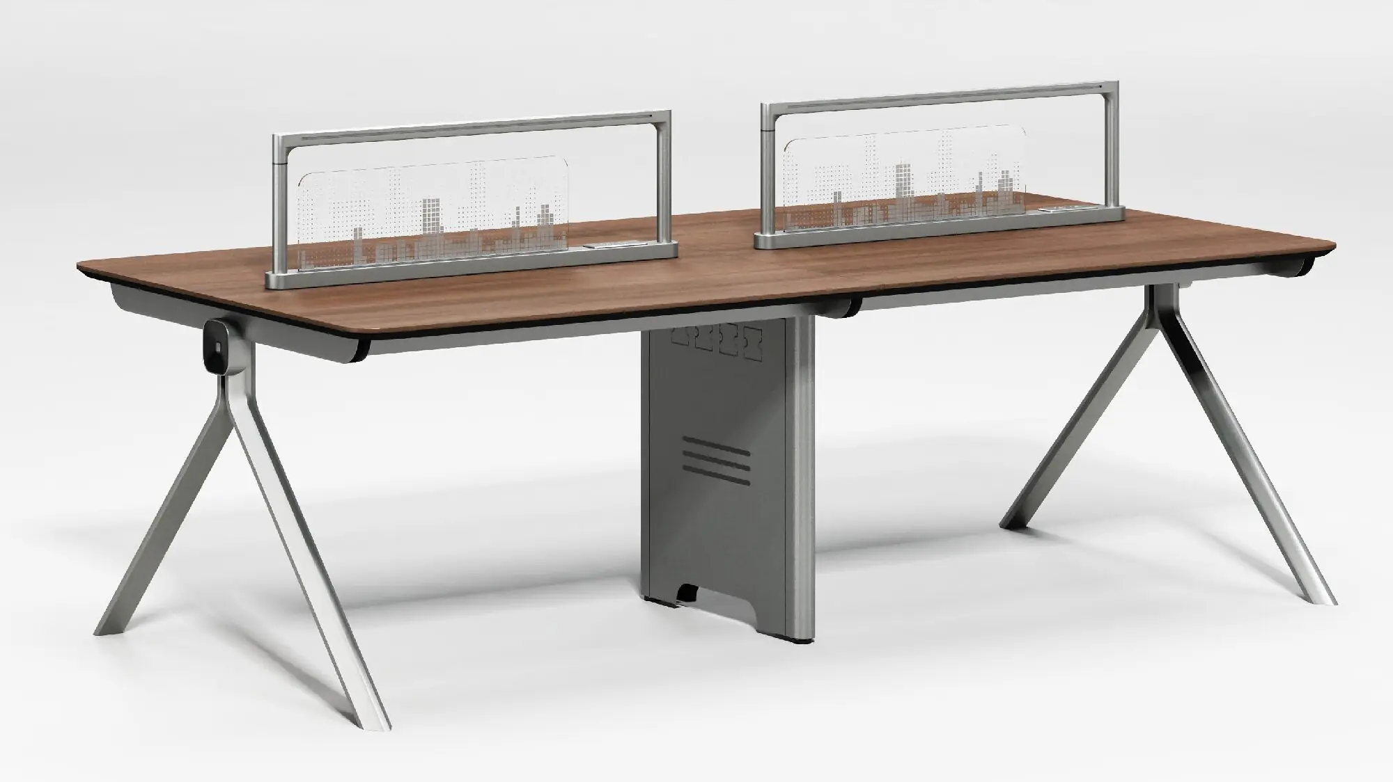 Complete two-person open-plan office workstation with two divider screens
