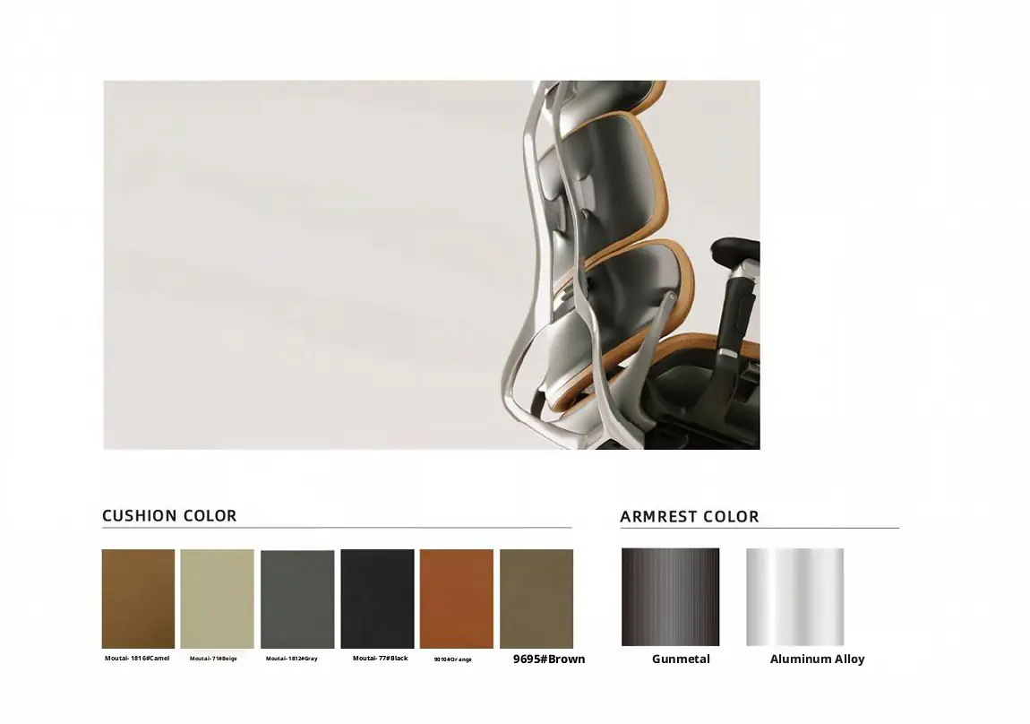 Upholstered office chair cushion and armrest color finish options