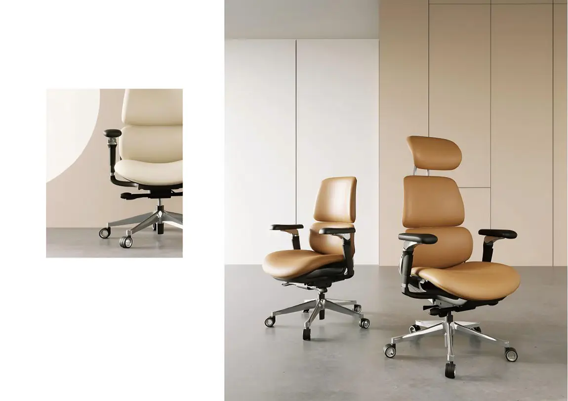 Two complete tan upholstered ergonomic office chairs in a modern executive interior
