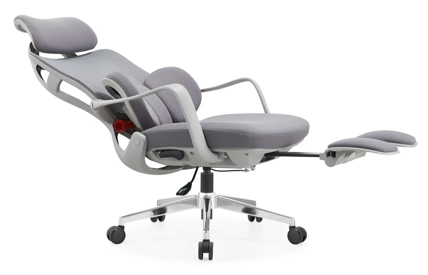 W009-1 gray ergonomic office chair fully reclined with padded footrest extended